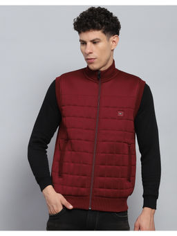 Monte Carlo - Mens Maroon Solid Mock Neck Sleeveless Jacket