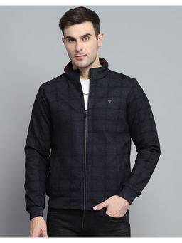 Monte Carlo - Mens Checks Navy Blue Mock Neck Full Sleeves Jacket