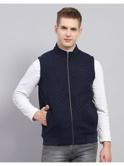 Monte Carlo - Mens Printed Navy Blue Mock Neck Sleeveless Jacket