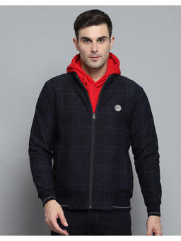 Monte Carlo - Mens Checks Navy Blue Mock Neck Full Sleeves Jacket