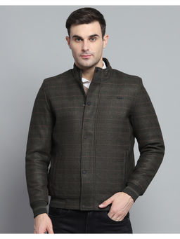 Monte Carlo - Mens Checks Olive Mock Neck Full Sleeves Jacket
