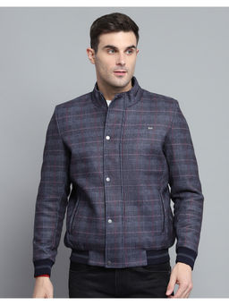 Monte Carlo - Mens Checks Navy Blue Mock Neck Full Sleeves Jacket