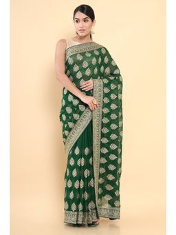 Soch - Women Green Georgette Embroidered Saree with Unstitched Blouse
