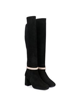 Saint G - Lumina Golden Cord String Black Leather Knee High Boots