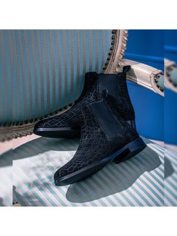 Saint G - Diane Black Suede Croco Print Leather Ankle Chelsea Boots