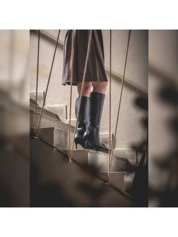 Saint G - Rey Buckle Decor Dark Blue Leather Stiletto Long Boots