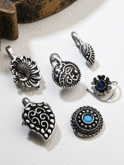 Fida - Ethnic Silver Plated Paisley Nose Pin for Women (Set of 6)