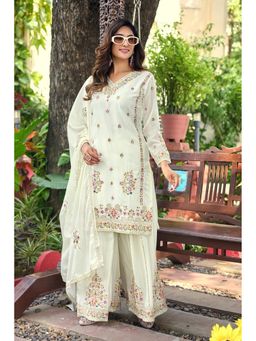 Anveri Textiles - Women Off-White Floral Embroidered Kurta with Palazzo and Dupatta
