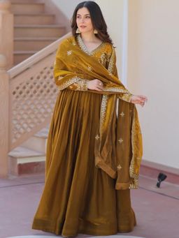 Anveri Textiles - Green Embroidered Anarkali Gown with Dupatta