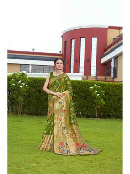 JUST FASHION - Women Green Woven Design Banarasi Art Silk Saree with Unstitched Blouse