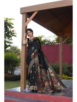 JUST FASHION - Women Black Woven Design Banarasi Art Silk Saree with Unstitched Blouse
