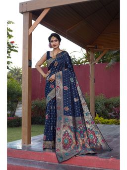 JUST FASHION - Women Navy Blue Woven Design Banarasi Art Silk Saree with Unstitched Blouse