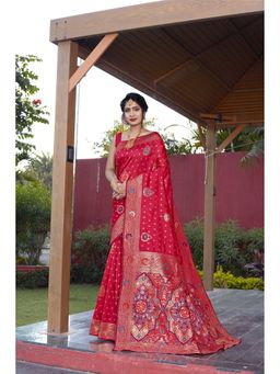 JUST FASHION - Women Pink Woven Design Banarasi Art Silk Saree with Unstitched Blouse