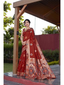 JUST FASHION - Women Red Woven Design Banarasi Art Silk Saree with Unstitched Blouse