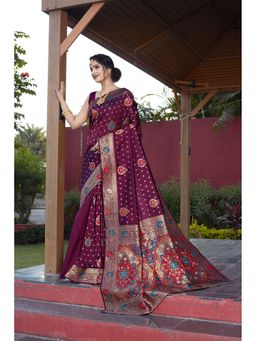 JUST FASHION - Women Wine Woven Design Banarasi Art Silk Saree with Unstitched Blouse