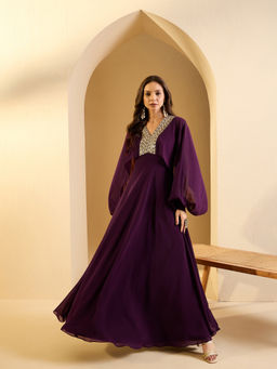 INDDUS - Women Wine Zari and Sequinned Yoke Design Dress
