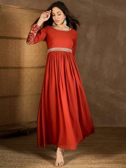 INDDUS - Women Rust Floral Thread and Sequinned Embroidered Dress