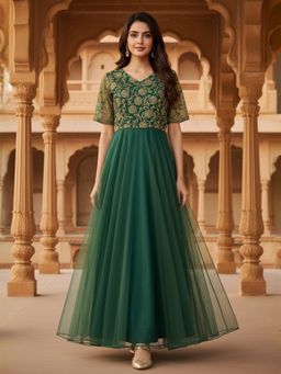 INDDUS - Women Green Thread and Sequinned Embroidered Dress