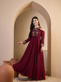 INDDUS - Women Maroon Floral Thread Embroidered Dress