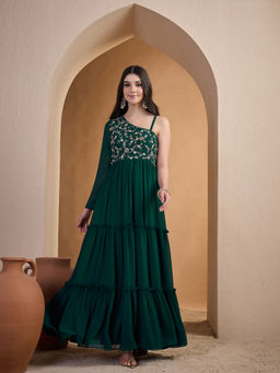 INDDUS - Women Green Floral Zari and Thread Embroidered Dress