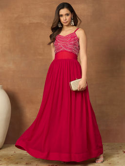 INDDUS - Women Red Ethnic Motifs Beds and Ston Embroidered Dress