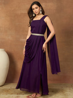INDDUS - Women Wine Solid Pleated Ethnic Dress with Belt