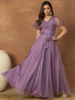 INDDUS - Women Lavender Floral Thread and Sequinned Embroidered Dress