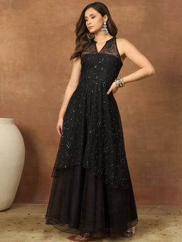 INDDUS - Women Black Floral Thread and Sequinned Embroidered Ethnic Dress
