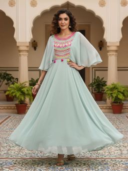 INDDUS - Women Blue Ethnic Thread and Mirror Embroidered Flared Dress