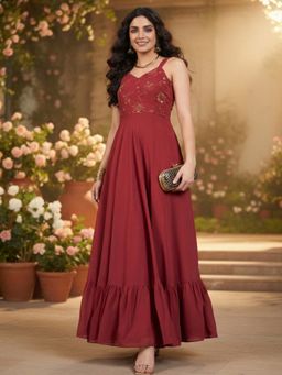 INDDUS - Women Rust Floral Thread and Sequinned Embroidered Ethnic Dress