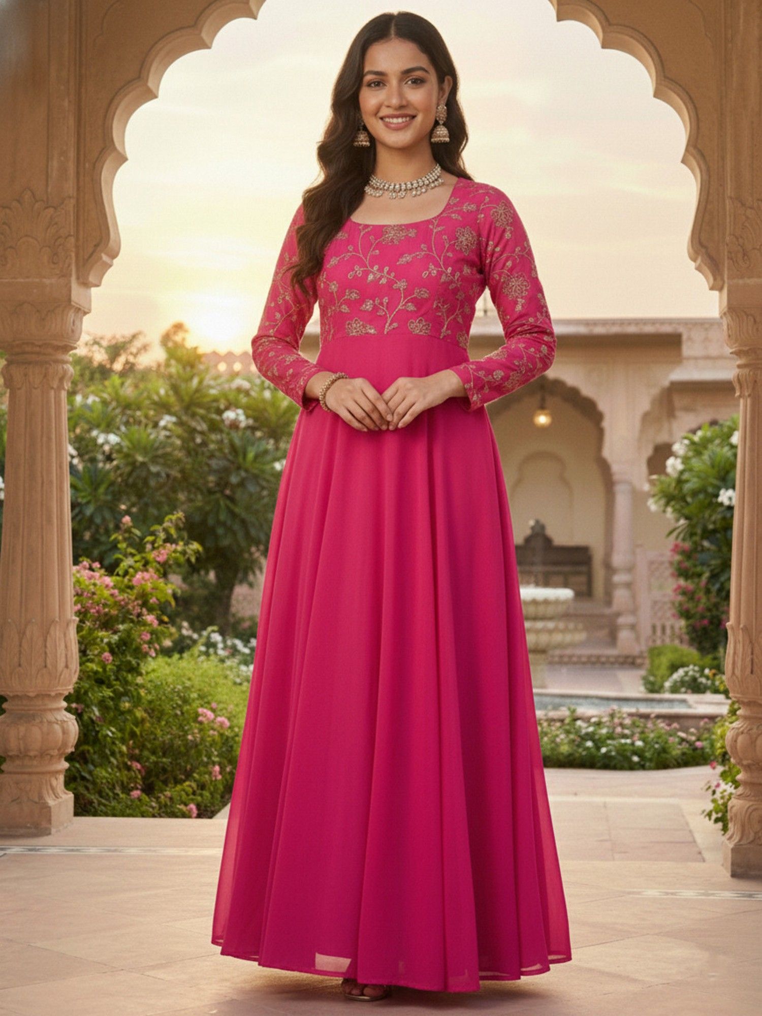 inddus Women Magenta Floral Zari Embroidered Ethnic Dress-picture-12