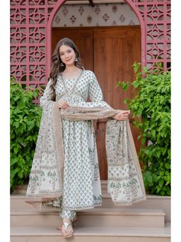 JAIMINI - Women Cotton Off White V-Neck Calf Length Flared Kurta With Pant And Dupatta