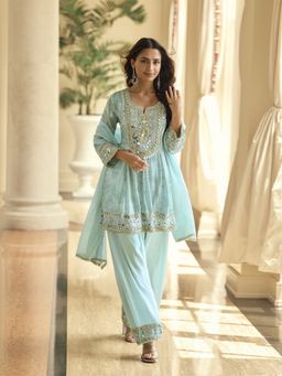 JATRIQQ - Women Aqua Silk Real Mirror Embroidery Work Kurti with Palazzo and Dupatta