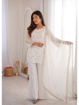 JATRIQQ - Women Off White Crunchy Silk Embroidery Jari Kurti with Palazzo and Dupatta