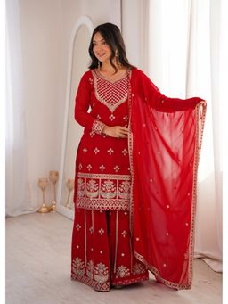 JATRIQQ - Women Red Faux Georgette Embroidery Sequence Kurta with Palazzo and Dupatta