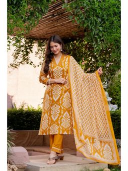 JAIPUR SARAI - Women Ethnic Motifs Mustard Regular Pure Cotton Kurta with Pant And Dupatta