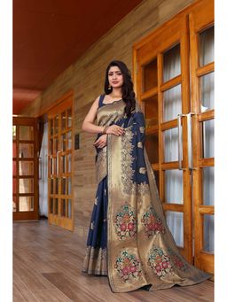 JUST FASHION - Women Navy Blue Woven Design Banarasi Art Silk Saree with Unstitched Blouse