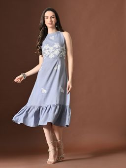 MYSHKA - Women Blue Linen Cotton Embroidered Dress