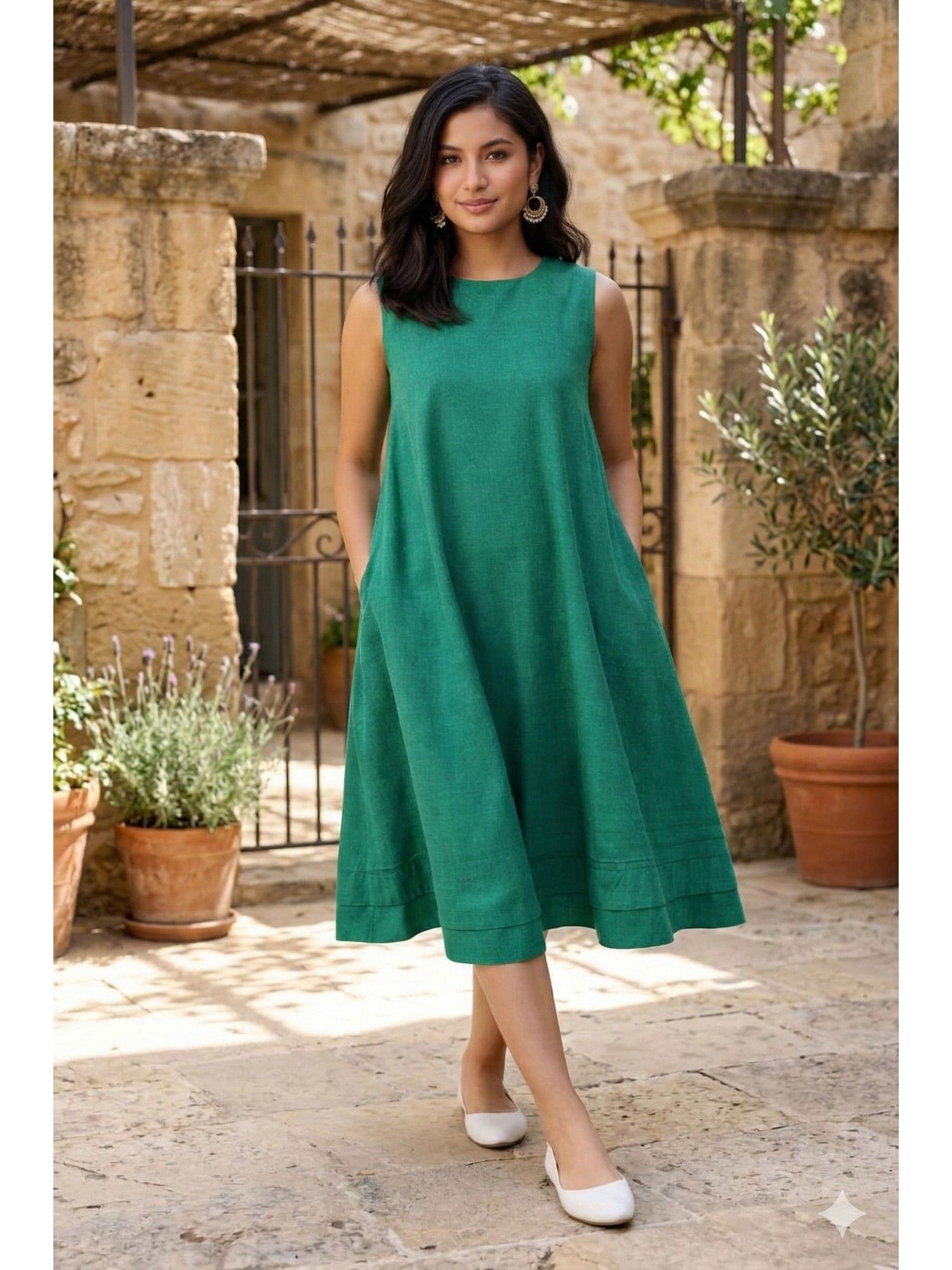 myshka Women Green Linen Smart Casual A-Line Dress-picture-17