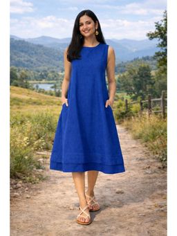 MYSHKA - Women Blue Linen Smart Casual A-Line Dress