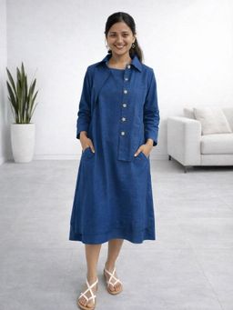 MYSHKA - Women Blue Linen A-Line Dress with Shirt