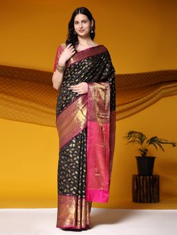 JUST FASHION - Women Black Woven Design Banarasi Art Silk Saree with Unstitched Blouse