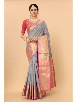 JUST FASHION - Women Grey Woven Design Banarasi Art Silk Saree with Unstitched Blouse