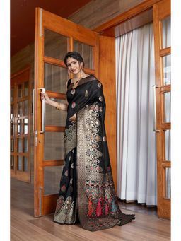 JUST FASHION - Women Black Woven Design Banarasi Art Silk Saree with Unstitched Blouse