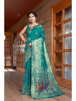 JUST FASHION - Women Turquoise Woven Design Banarasi Art Silk Saree with Unstitched Blouse