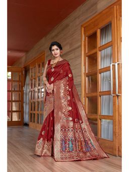 JUST FASHION - Women Red Woven Design Banarasi Art Silk Saree with Unstitched Blouse