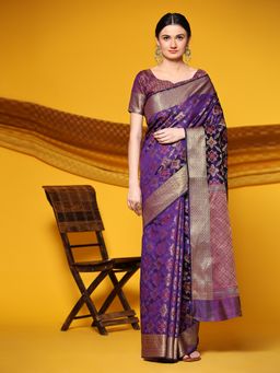 JUST FASHION - Women Purple Woven Design Banarasi Art Silk Saree with Unstitched Blouse