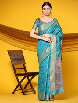 JUST FASHION - Women Turquoise Woven Design Banarasi Art Silk Saree with Unstitched Blouse