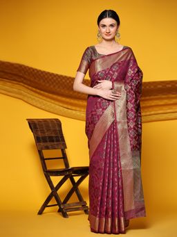 JUST FASHION - Women Wine Woven Design Banarasi Art Silk Saree with Unstitched Blouse