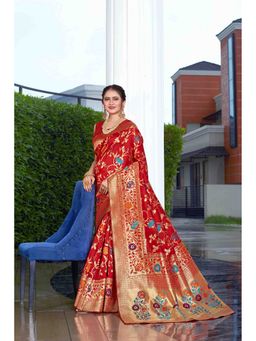 JUST FASHION - Women Red Woven Design Banarasi Art Silk Saree with Unstitched Blouse